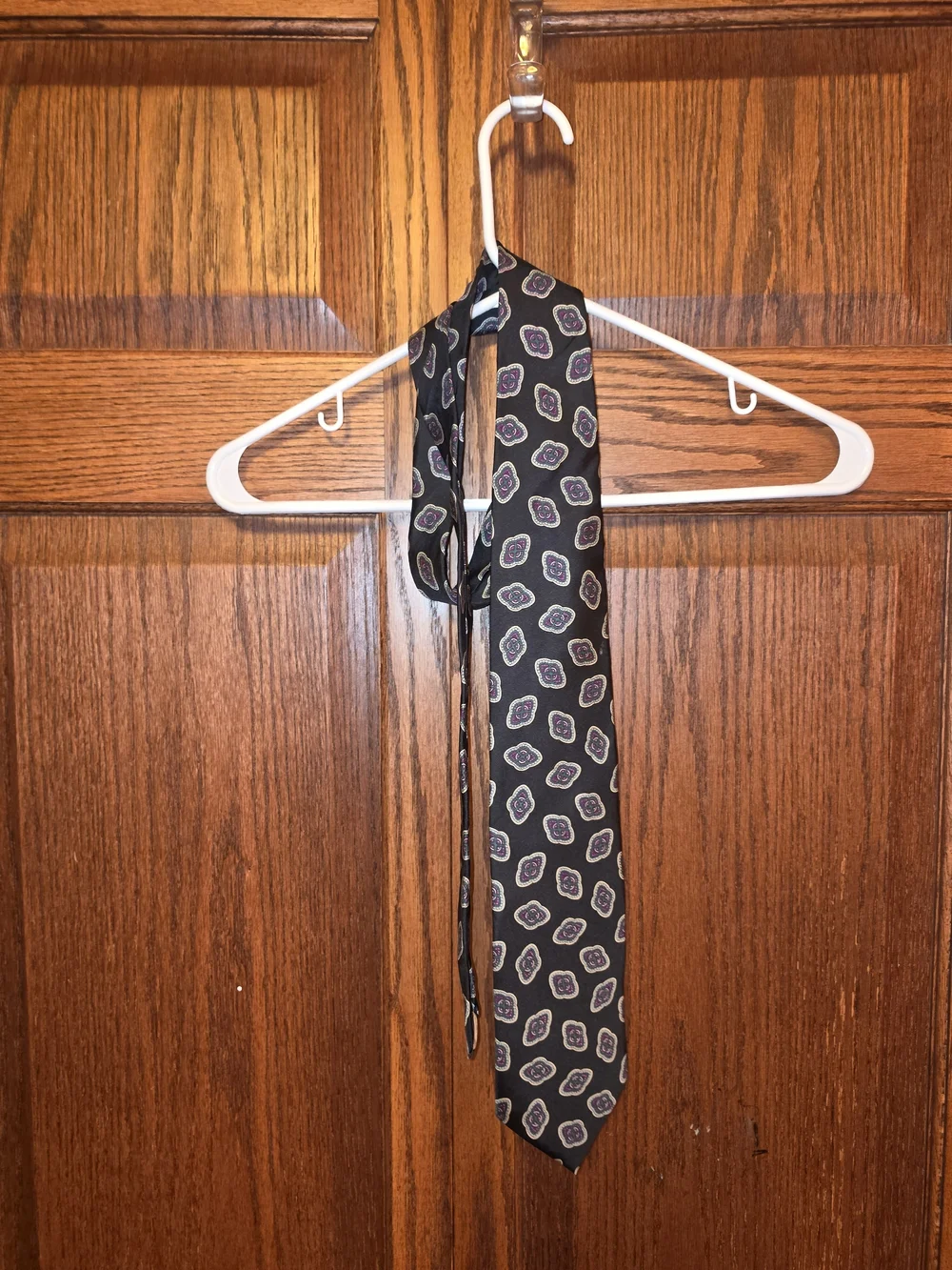 Pierre Balmain Black Silk Tie with Purple & Gray Medallions